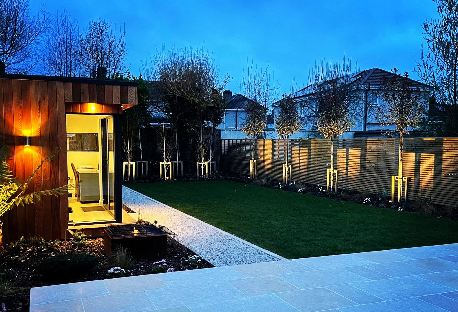 Exterior lighting on a Cube model garden room